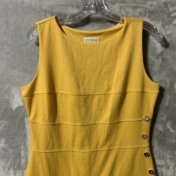 Enfocus Studio Yellow Sleeveless Sheath Dress Size 12 Flared Bottom Gold Buttons - Picture 10 of 15